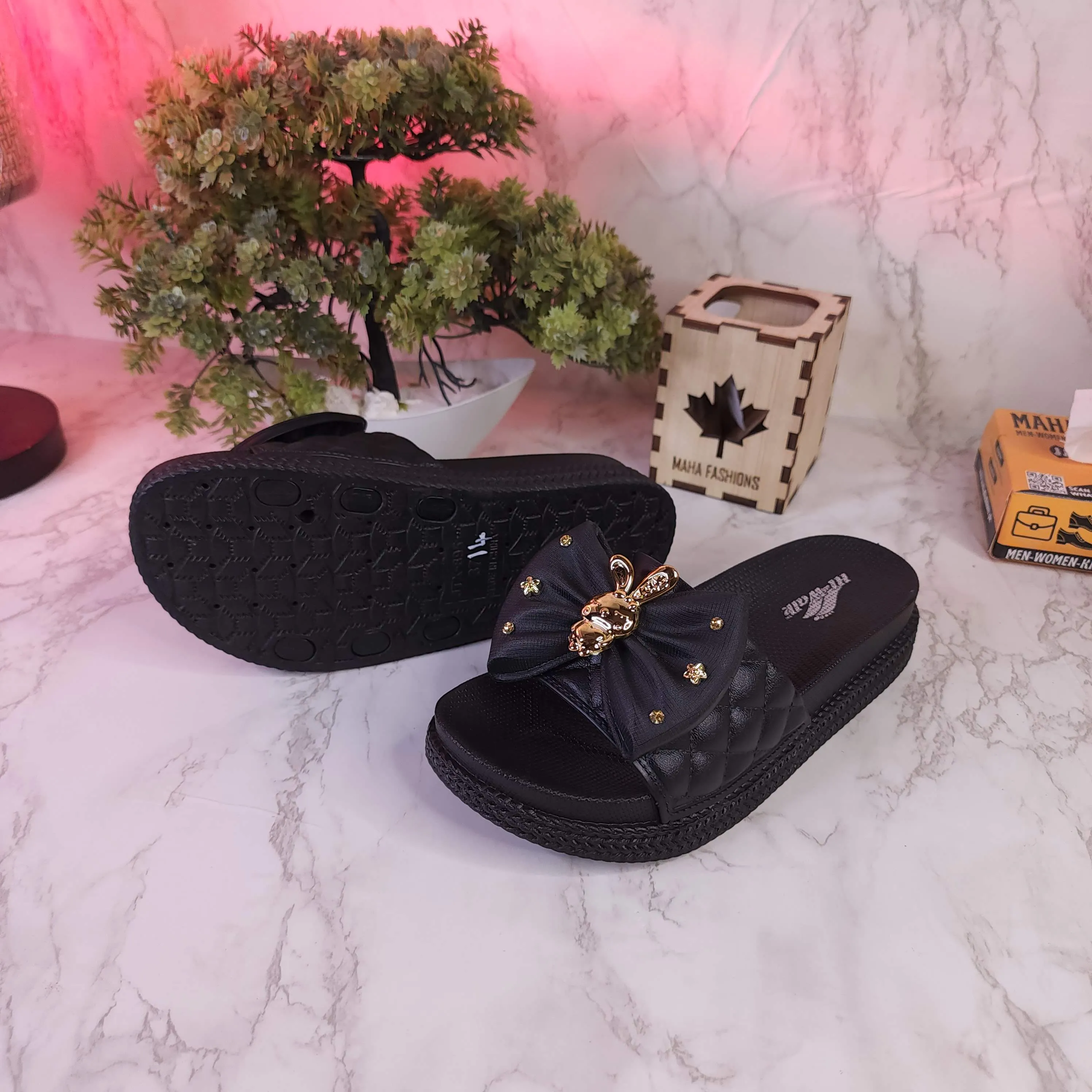 Black Casual Slides with Golden Buckle