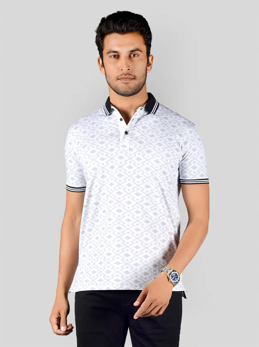 Bright White Printed Slim Fit Polo T-shirt | JadeBlue