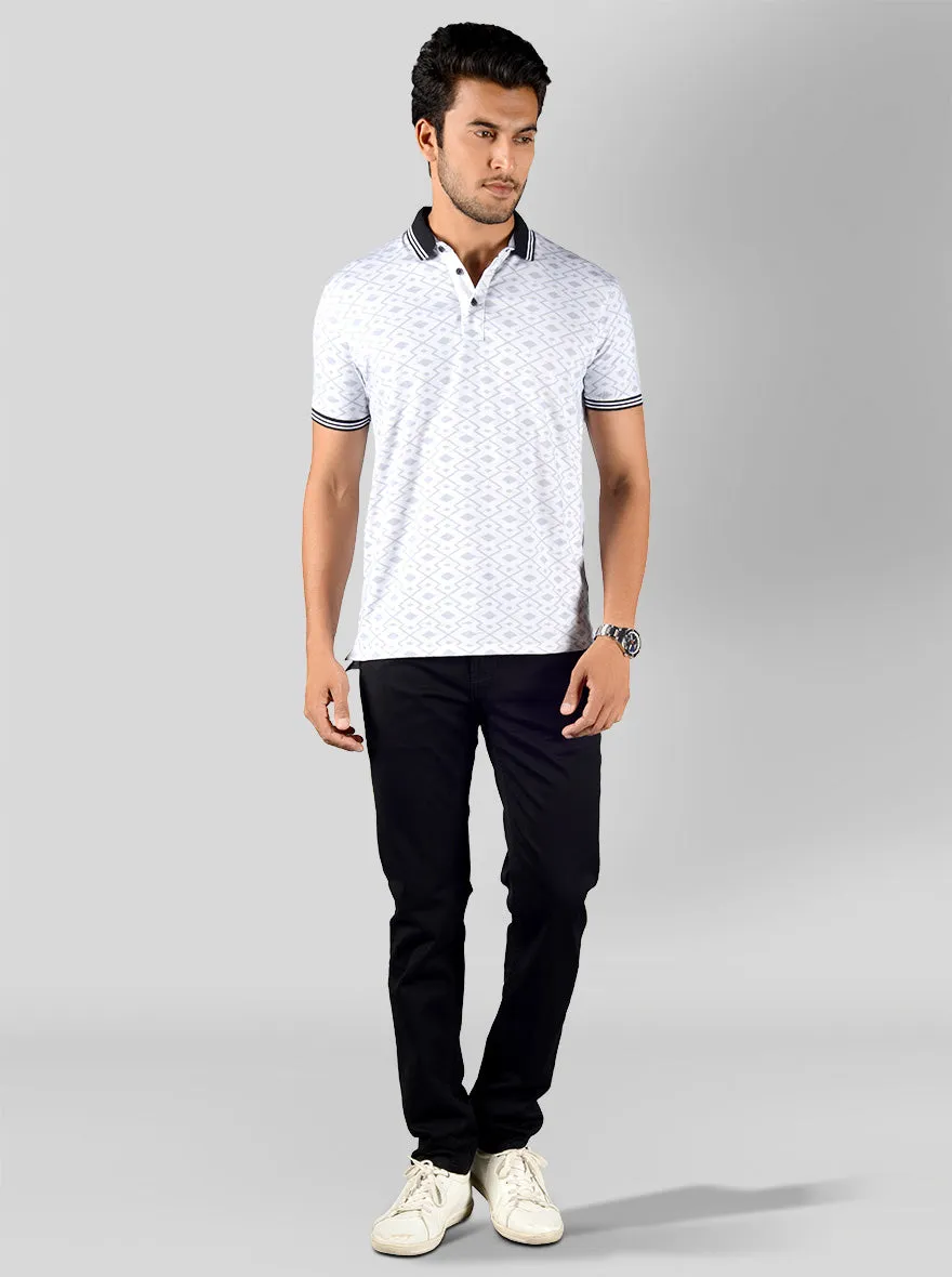 Bright White Printed Slim Fit Polo T-shirt | JadeBlue