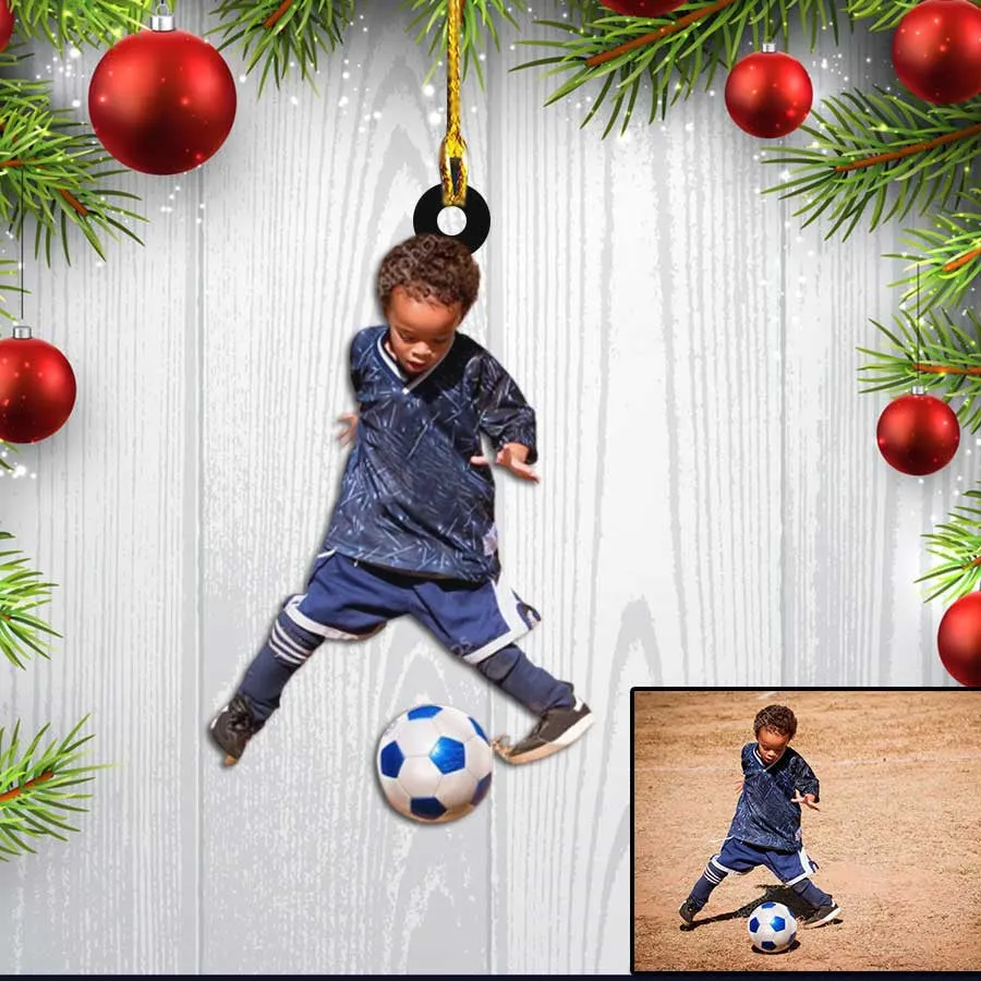 Custom Photo Soccer Christmas Ornament for Son, World Cup 2022 Soccer Acrylic Ornament for Son