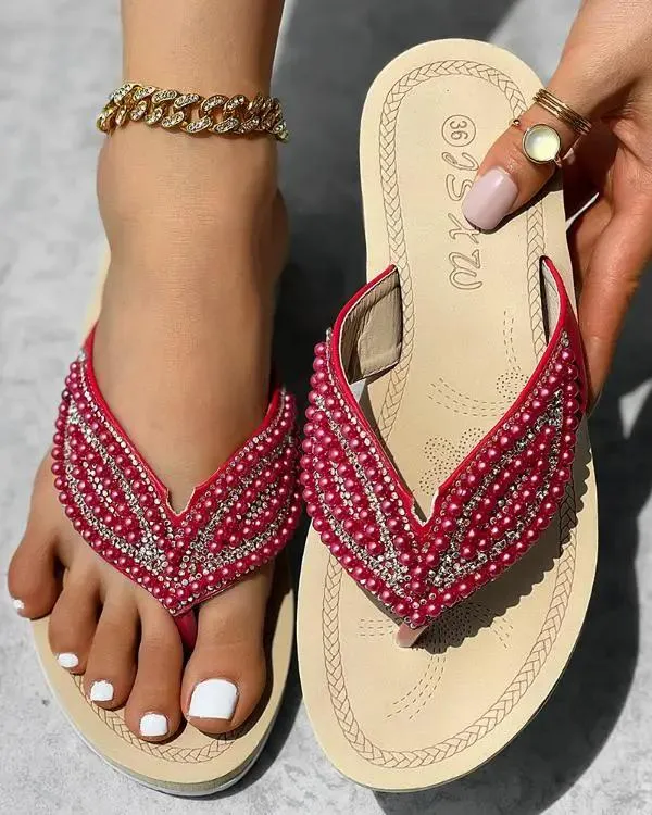 Handmade Rhinestone Beaded Leaf Pattern Summer Flip Flops