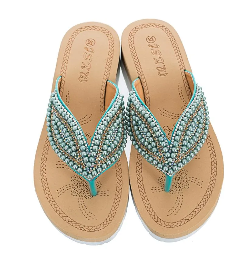 Handmade Rhinestone Beaded Leaf Pattern Summer Flip Flops