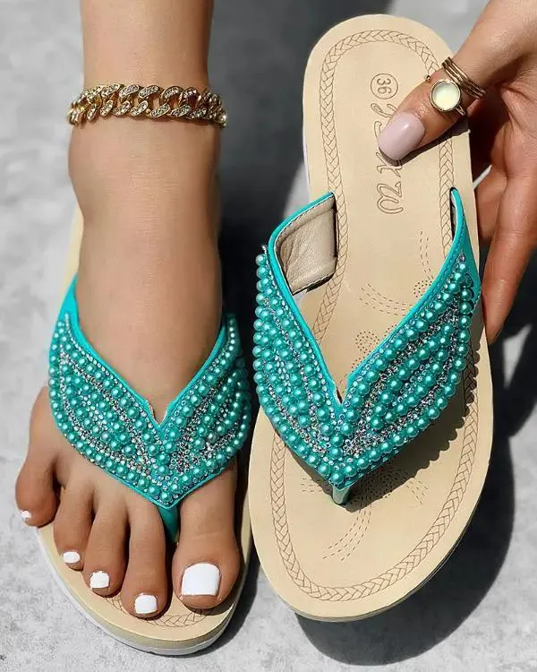 Handmade Rhinestone Beaded Leaf Pattern Summer Flip Flops