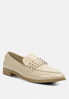 MEANBABE Semicasual Stud Detail Patent Loafers in Beige