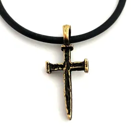 Nail Cross Antique Brass Necklace On Black Cord