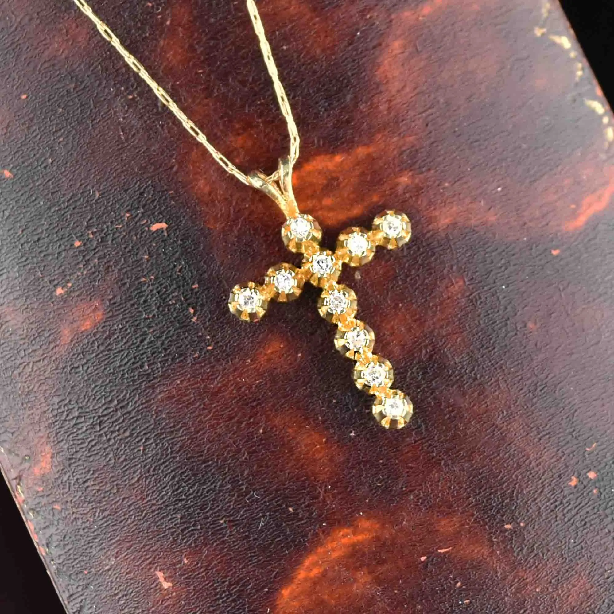 Vintage 14K Gold Diamond Cross Pendant Necklace