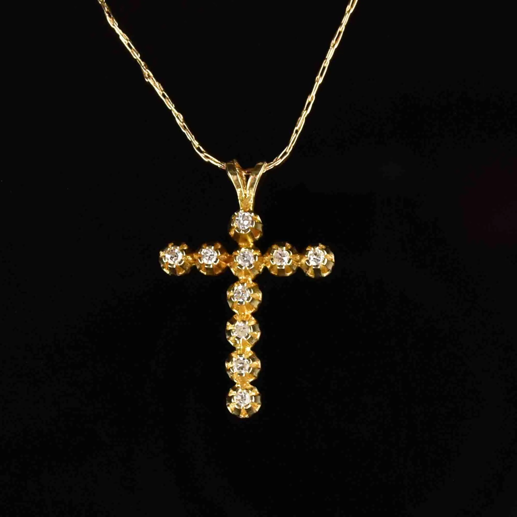 Vintage 14K Gold Diamond Cross Pendant Necklace