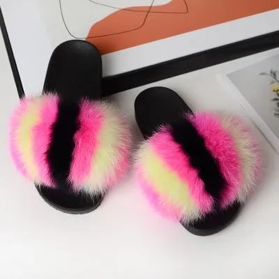 Women indoor/outdoor Luxury Plush Fluffy Faux Fur  Flip Flop Slippers