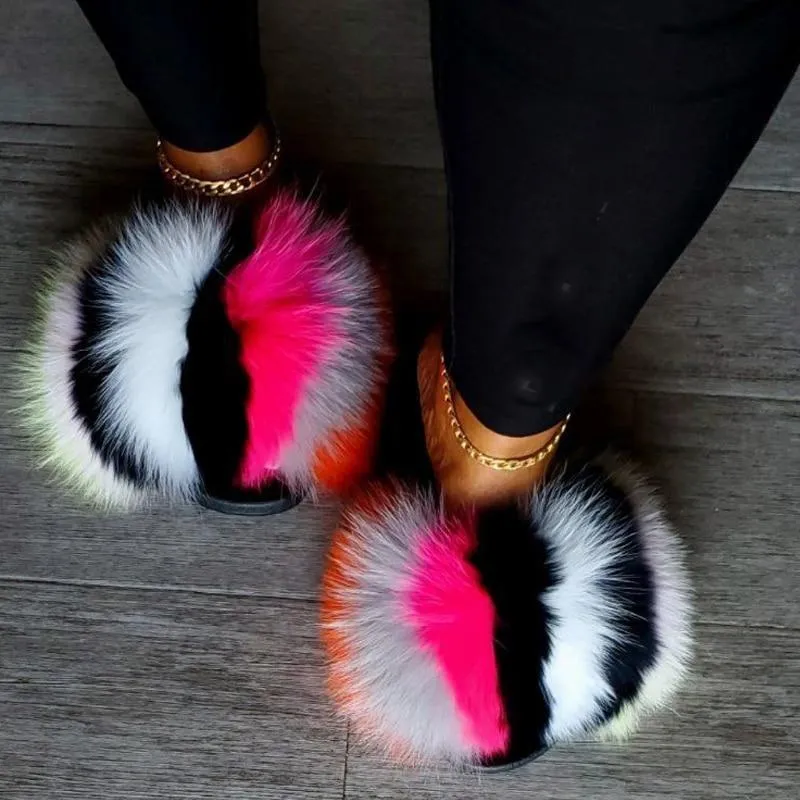 Women indoor/outdoor Luxury Plush Fluffy Faux Fur  Flip Flop Slippers