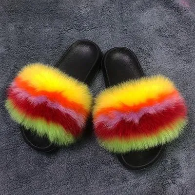 Women indoor/outdoor Luxury Plush Fluffy Faux Fur  Flip Flop Slippers