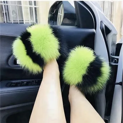 Women indoor/outdoor Luxury Plush Fluffy Faux Fur  Flip Flop Slippers