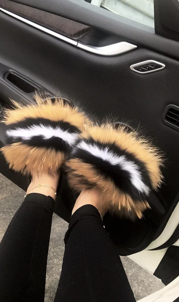 Women indoor/outdoor Luxury Plush Fluffy Faux Fur  Flip Flop Slippers