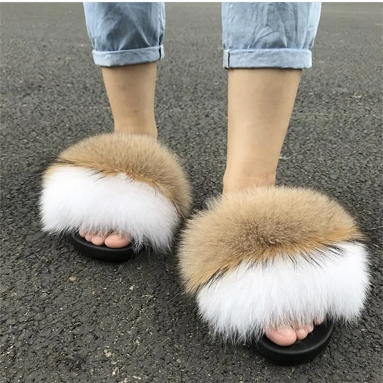 Women indoor/outdoor Luxury Plush Fluffy Faux Fur  Flip Flop Slippers