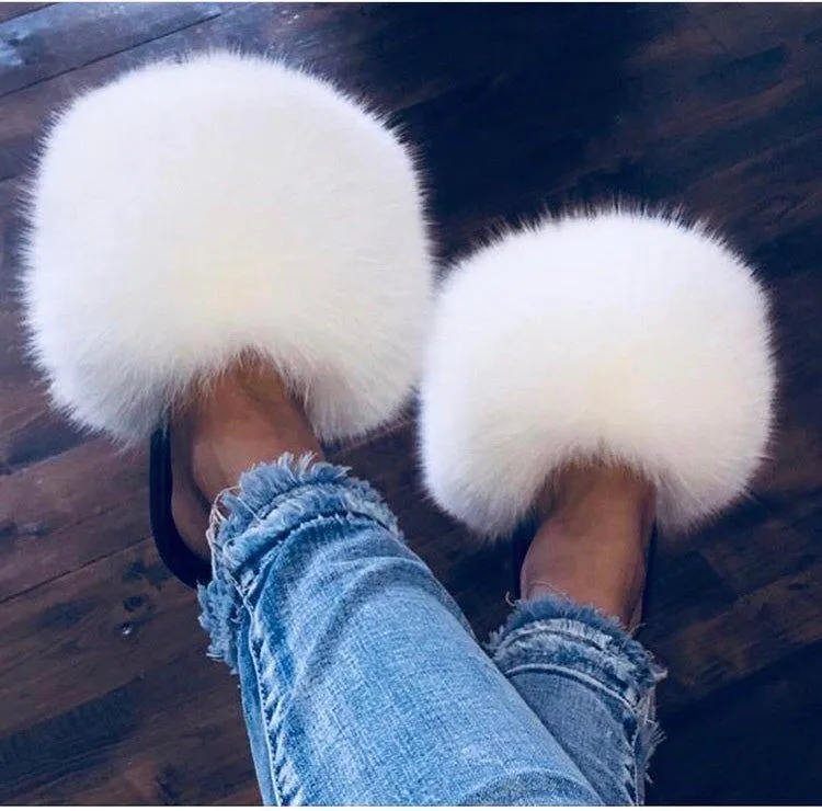 Women indoor/outdoor Luxury Plush Fluffy Faux Fur  Flip Flop Slippers